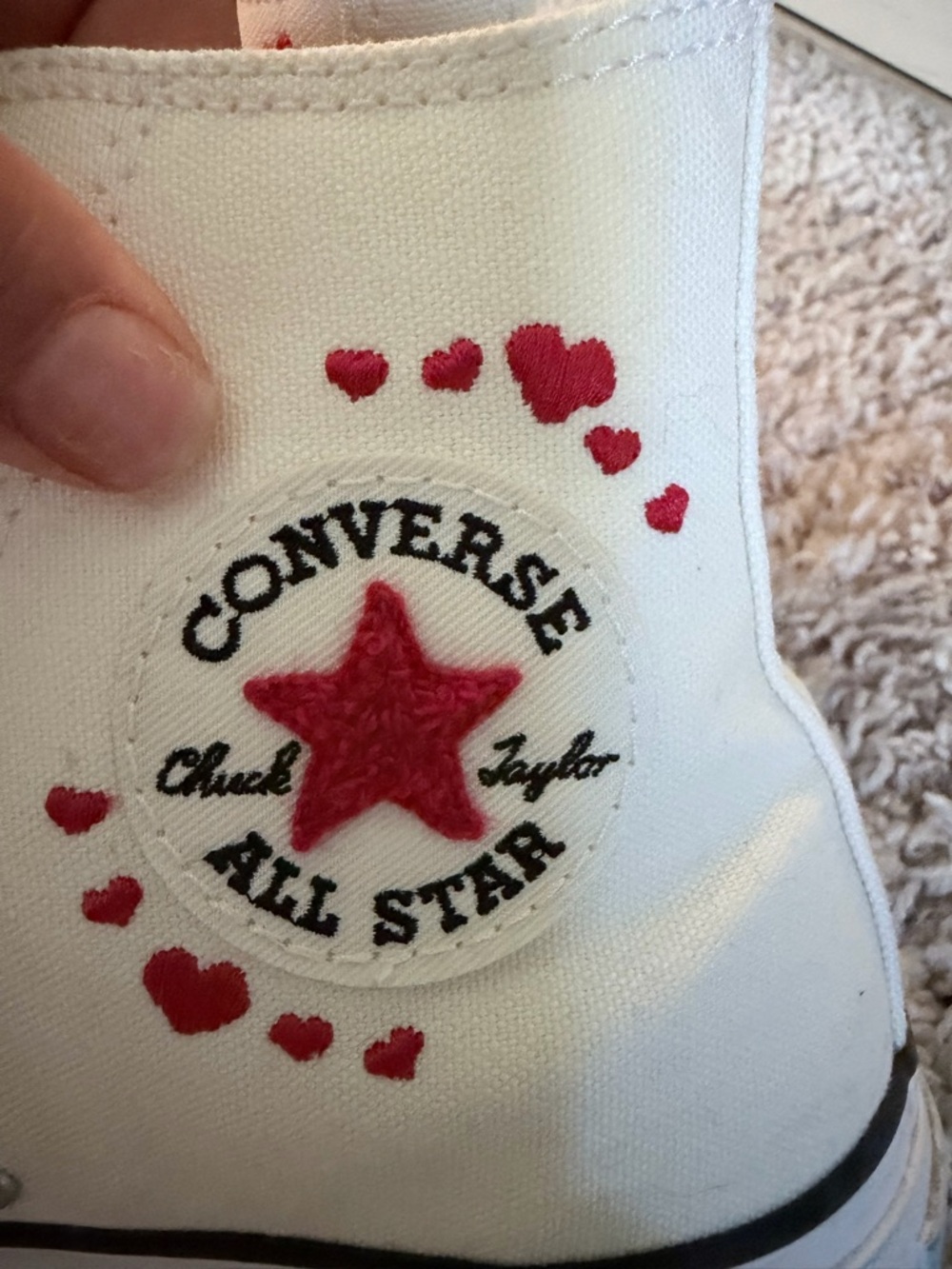 Custom Converse White Canvas High-Tops with Red Star & Hearts with extra cushion